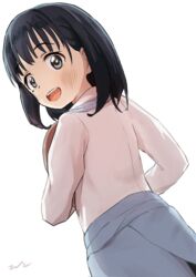  :d aayh black_hair blush commentary_request dutch_angle eniwa_shii female from_behind grey_eyes looking_at_viewer looking_back open_mouth shirt signature simple_background smile solo super_cub teeth upper_teeth_only white_background white_shirt 