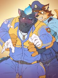  absurd_res anthro barrel_(live_a_hero) blush canid canine canis clothing duo embarrassed fire firefighter flaming_hair flaming_mane furlong_(live_a_hero) grin grope groping_from_behind hi_res hyena lifewonders live_a_hero male male/male mammal police police_uniform pseudo_hair pseudo_mane shimazanbagu smile uniform wolf 