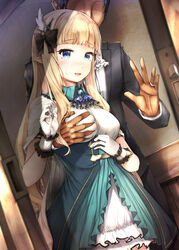  1boy ascot black_bow blonde_hair blue_eyes blunt_bangs blurry blurry_foreground blush bow breasts doorway dutch_angle elf faceless faceless_male female frills gloves grabbing grabbing_from_behind grabbing_own_breast hair_ornament hairbow jewelry large_breasts long_hair looking_at_viewer open_mouth pointy_ears pov_doorway princess_connect! ring saren_(princess_connect!) smile solo_focus straight sugiyuu wedding_ring white_gloves 