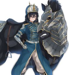  absurdres alternate_costume andou_(girls_und_panzer) armored_animal black_footwear black_hair blue_coat blue_headwear boots brown_eyes cavalier_(granblue_fantasy) coat commentary cosplay female gauntlets girls_und_panzer gloves granblue_fantasy grey_gloves grin hand_on_own_hip high_collar highres horse knee_boots kshimu looking_at_viewer medium_hair messy_hair military military_uniform pants simple_background smile solo standing uniform white_background white_pants 