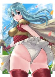  :o aqua_hair armor ass ass_focus bad_id bad_perspective bad_pixiv_id bad_proportions blue_eyes border breastplate cape eirika_(fire_emblem) female fingerless_gloves fire_emblem fire_emblem:_the_sacred_stones foreshortening gloves holding holding_sword holding_weapon looking_at_viewer looking_back open_mouth panties red_gloves red_shirt red_thighhighs shirt short_sleeves skirt solo sword thighhighs underwear weapon white_border white_panties white_shirt yui_(msy1302mana) 