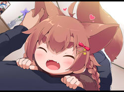  1boy :d ^_^ ahoge animal_ears black_shirt black_skirt blush bow braid brown_hair brown_sweater closed_eyes commentary facing_viewer fangs female flower hair_ornament hairbow hairclip heart indoors letterboxed long_hair long_sleeves makuran momiji_(makuran) open_mouth original pleated_skirt purple_flower red_bow shirt short_eyebrows skirt sleeves_past_wrists smile solo_focus sweater tail thick_eyebrows twin_braids vase x_hair_ornament 