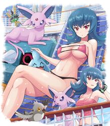  absurdres bare_arms belt bikini black_bikini blue_hair bracelet breasts building cleavage collarbone commentary_request crop_top crossed_legs day espeon eyelashes female fence flipped_hair highres jewelry knees long_hair looking_at_viewer looking_to_the_side lying metang midriff multiple_views navel on_back open_mouth outdoors pidove pink_eyes pokemoa pokemon pokemon_(creature) pokemon_hgss sabrina_(pokemon) shiny_skin sigilyph smile swimsuit tongue wynaut 