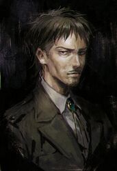  1boy black_background black_eyes black_hair brooch che_(cyan_crown) closed_mouth collared_shirt facial_hair goatee green_jacket highres jacket jewelry looking_at_viewer male_focus moustache nile_dok shingeki_no_kyojin shirt short_hair solo upper_body white_shirt 