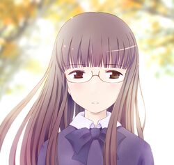  autumn_leaves blurry blurry_background blush brown_eyes brown_hair dress female kamo_(rsrk) looking_at_viewer purple_dress purple_ribbon ribbon saki_(manga) sawamura_tomoki solo tree 