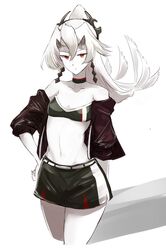  abyssal_crane_princess abyssal_ship alternate_costume black_skirt choker colored_skin cowboy_shot female groin highres horns jacket kantai_collection long_hair midriff mizuchi_(mizuchi7118) off_shoulder ponytail race_queen red_eyes shadow skirt solo white_background white_hair white_skin 