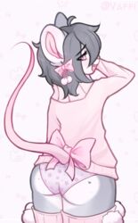  alternative_fashion anthro ass clothing femboy j-fashion legwear looking_at_viewer looking_back looking_back_at_viewer male mammal mouse murid murine pastel_theme pom_(decoration) pom_bow pom_legwear pom_thigh_highs ribbons rodent shirt smile solo thigh_highs topwear underwear valeria_fills 