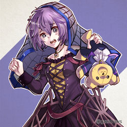  alternate_costume bare_shoulders bernadetta_von_varley cosplay dress female fire_emblem fire_emblem:_the_binding_blade fire_emblem:_three_houses fire_emblem_heroes green_eyes gzei halloween halloween_costume highres jewelry necklace purple_dress purple_hair scared sophia_(fire_emblem) sophia_(fire_emblem)_(cosplay) sophia_(halloween)_(fire_emblem) spider_web_print stuffed_animal stuffed_toy teddy_bear 