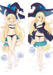  ;) aizawa_azusa arm_under_breasts armpits arms_up ass_visible_through_thighs barefoot bed_sheet black_headwear black_panties blonde_hair blue_bow blue_eyes blue_skirt blush bow bra braid breast_lift breasts cleavage closed_mouth clothes_pull collarbone dakimakura_(medium) detached_collar female frilled_skirt frills from_above full_body hat hat_bow long_hair looking_at_viewer looking_away lying medium_breasts microskirt moeanime multiple_views navel on_back one_eye_closed open_mouth panties single_braid skirt skirt_pull slime_taoshite_300_nen_shiranai_uchi_ni_level_max_ni_nattemashita smile strapless strapless_bra thigh_gap underwear very_long_hair wavy_mouth white_bra witch_hat 