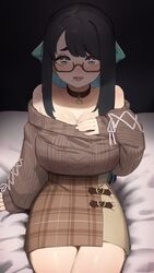  absurdres aran_sweater asymmetrical_bangs bare_shoulders black_hair blue_hair blush borrowed_character breasts brown-framed_eyewear brown_sweater cable_knit choco-chan choker cleavage cleavage_reach colored_inner_hair commentary english_commentary fangs female fingernails glasses green_eyes heart heart-shaped_pupils heart_choker highres large_breasts legs_together long_hair looking_at_viewer mole mole_under_mouth multicolored_hair naughty_face no_bra nose_blush oerba_yun_fang off-shoulder_sweater off_shoulder on_bed open_mouth original plaid plaid_skirt semi-rimless_eyewear sitting skirt solo sweater symbol-shaped_pupils tongue tostantan two-tone_hair under-rim_eyewear variant_set 