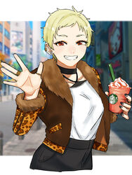  black_nails blonde_hair blurry blurry_background brown_eyes brown_jacket drinking_straw ear_piercing earrings female fur_trim hand_up highres idolmaster idolmaster_cinderella_girls idolmaster_cinderella_girls_starlight_stage jacket jewelry looking_at_viewer necklace outdoors piercing pixie_cut ring senzaki_ema short_hair smile solo standing starbucks yaoya315 