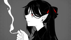  cigarette commentary english_commentary female from_side grey_background hair_behind_ear hideko_(hyde_(tabakko)) highres holding holding_cigarette long_hair original parody pointy_ears ponytail red_eyes smile smoking solo spot_color unexistarts vampire vampire_(vocaloid) 