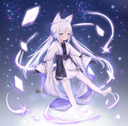  absurdres animal_ear_fluff animal_ears azur_lane female fox_ears fox_girl fox_tail full_body hakama hakama_skirt highres japanese_clothes kasumi_(azur_lane) kimono lolicon long_hair long_sleeves looking_at_viewer meng_mian pantyhose ribbon skirt sleeves_past_wrists solo tail twintails very_long_hair white_hair white_hakama white_kimono white_pantyhose wide_sleeves 