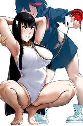  2girls armpit_crease armpits arms_behind_head arms_up bakkanki barefoot black_hair blue_eyes blush breasts cellphone chain_leash chains femdom holding holding_phone incest kill_la_kill kiryuuin_satsuki large_breasts leash leotard long_hair looking_at_phone matoi_ryuuko midriff multicolored_hair multiple_girls one-piece_swimsuit open_mouth phone pleated_skirt red_hair selfie senketsu short_hair siblings simple_background sisters skirt smartphone smile spread_legs squatting streaked_hair suspenders sweat swimsuit taking_picture thick_eyebrows thighs tiptoes toes white_leotard yuri 