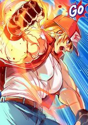  1boshi 1boy baseball_cap blonde_hair blue_eyes denim fatal_fury fatal_fury_cap fingerless_gloves gloves hat jacket jeans long_hair male_focus muscular muscular_male pants ponytail simple_background solo super_smash_bros. terry_bogard the_king_of_fighters vest 