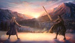  2boys anniechromes berserk black_cloak black_hair boots cloak coat epaulettes fighting_stance greatsword griffith_(berserk) guts_(berserk) highres holding holding_sword holding_weapon long_hair long_sleeves male_focus multiple_boys outdoors pants profile saber_(weapon) snow sword twilight weapon white_coat white_hair 