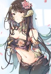  arms_behind_back au_ra bandeau bare_shoulders blue_background breasts brown_bandeau brown_eyes brown_hair brown_pants cleavage collarbone commentary cowboy_shot detached_sleeves dragon_horns falling_petals female final_fantasy final_fantasy_xiv floral_print flower glint hair_flower hair_ornament highres horns leaning_forward long_hair looking_at_viewer midriff mokokoiro navel pants petals scales solo standing swept_bangs symbol-only_commentary warrior_of_light_(ff14) 