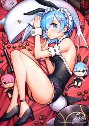  animal_ears artist_name ass bare_legs bare_shoulders black_footwear black_panties blue_eyes blue_hair blush breasts chains chocolate commentary_request female frills hair_ornament hair_over_one_eye hair_ribbon hakugei_(re:zero) highres holding looking_at_viewer lying maid_headdress medium_breasts on_side open_mouth panties pink_ribbon playboy_bunny rabbit_ears rabbit_tail ram_(re:zero) re:zero_kara_hajimeru_isekai_seikatsu rem_(re:zero) ribbon short_hair siriuflong smile solo tail underwear watermark web_address whale white_whale wrist_cuffs x_hair_ornament 