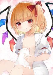  absurdres animal blonde_hair blunt_bangs blush bow breasts closed_mouth commentary crystal feet_out_of_frame feline female flandre_scarlet frilled_shirt_collar frills hairbow highres looking_at_viewer niseneko_(mofumofu_ga_ienai) no_headwear one_side_up open_clothes open_shirt petting puffy_short_sleeves puffy_sleeves red_bow red_eyes shirt short_hair short_sleeves simple_background sitting small_breasts smile solo touhou white_background white_shirt wings 