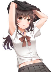  :o absurdres armpit_peek arms_up black_skirt black_sweater bow bowtie breasts brown_eyes brown_hair collared_shirt commentary_request female highres long_hair looking_at_viewer midriff midriff_peek navel open_mouth original pleated_skirt raised_eyebrow school_uniform shirt short_sleeves simple_background skirt small_breasts solo sunhyun sweater undressing upper_body white_background white_shirt 