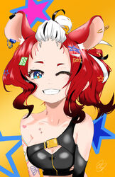  absurdres animal_ears arm_tattoo black_hair black_tube_top blue_eyes breasts cleavage collarbone colorful female hair_ornament hakos_baelz hakos_baelz_(casual) highres hololive hololive_english long_hair looking_at_viewer medium_breasts mouse_ears mouse_girl multicolored_hair number_hair_ornament one_eye_closed red_hair self-upload shnizbit shoulder_tattoo smile solo star_(symbol) star_hair_ornament star_tattoo strapless streaked_hair tattoo tube_top virtual_youtuber white_hair 