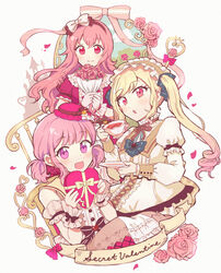  3girls :o blonde_hair blue_sky blush border bouquet bow box box_of_chocolates brown_hairband brown_sailor_collar castle center_cross_lace center_frills closed_mouth cloud collar commentary_request cross-laced_clothes cross-laced_dress cup dot_nose dress english_text flower food frilled_collar frilled_hairband frills gradient_hair grass hairband hairbow hat highres himitsu_no_valentine_daisakusen!_(project_sekai) hitopm holding holding_bouquet holding_cup holding_food holding_saucer long_hair looking_at_viewer mini_hat momoi_airi multicolored_hair multiple_girls ootori_emu open_mouth outdoors petals pink_dress pink_eyes pink_flower pink_hair pink_headwear pink_rose project_sekai purple_eyes red_eyes red_flower red_rose rose sailor_collar saucer short_hair short_sleeves short_twintails simple_background sky sleeveless sleeveless_dress smile teacup tenma_saki twintails white_background white_bow white_dress wrist_cuffs 