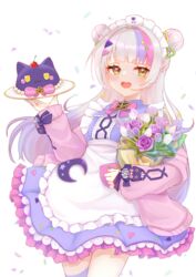  :d absurdres apron blunt_bangs blush bouquet bow bowtie cardigan cowboy_shot double_bun female frilled_apron frills gradient_background grey_hair hair_bun happy_birthday highres holding holding_bouquet hololive lolita_fashion long_hair maid_headdress mihanada_kanata multicolored_hair murasaki_shion murasaki_shion_(magical_girl_maid) official_alternate_costume pink_bow pink_bowtie pink_cardigan pink_hair purple_hair purple_skirt shiokko_(murasaki_shion) skirt smile solo streaked_hair sweet_lolita teeth triangle_hair_ornament upper_teeth_only virtual_youtuber waist_apron white_apron yellow_eyes 