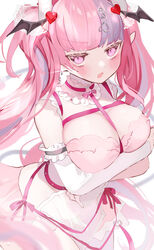  absurdly_long_hair breasts commentary female harness highres hinamori_(18ar0) ironmouse ironmouse_(demon_form) large_breasts long_hair multicolored_hair pink_hair pointy_ears solo streaked_hair symbol-only_commentary tsundere twintails very_long_hair virtual_youtuber vshojo 