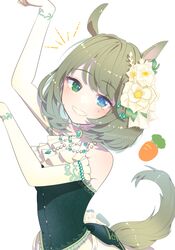  absurdres animal_ears blue_eyes blush bob_cut carrot_print elbow_gloves female flower food_print gloves golshi&#039;s_first_place_pose green_eyes green_hair green_shirt grin hair_flower hair_ornament heterochromia highres horse_ears horse_girl horse_tail idolmaster idolmaster_cinderella_girls looking_at_viewer mole mole_under_eye noa_(retsuhim6927) parody pose shirt simple_background sleeveless sleeveless_shirt smile solo tail takagaki_kaede umamusume white_background 