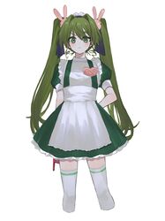  :&lt; apron arms_behind_back blush budo_(budoboros) colored_eyelashes commentary_request cropped_legs dress eri_(0mot) feet_out_of_frame female frown green_dress green_eyes green_hair green_theme hair_intakes hair_ornament heart long_hair looking_at_viewer maid maid_apron maid_headdress name_tag original puffy_short_sleeves puffy_sleeves rabbit_hair_ornament short_sleeves simple_background solo thighhighs twintails v-shaped_eyebrows very_long_hair white_background white_thighhighs 