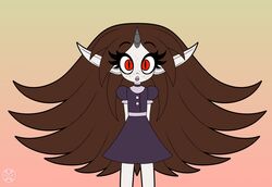  clothing confusion dress fangs female gradient_background hair hi_res humanoid lens_flare long_hair looking_at_viewer lsd_(vrabo) not_furry red_eyes simple_background slim solo standing surprise teeth uniform vampire vrabo young young_female young_humanoid 