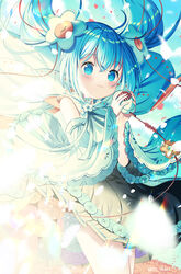  black_skirt blue_eyes blue_hair blush cable closed_mouth commentary day detached_sleeves female flower flower_underskirt hair_between_eyes hair_flower hair_ornament hands_up hatsune_miku highres holding holding_microphone ikari_(aor3507) long_hair long_sleeves magical_mirai_(vocaloid) magical_mirai_miku magical_mirai_miku_(2021) microphone outdoors shirt skirt sleeveless sleeveless_shirt sleeves_past_wrists smile solo twintails vocaloid white_flower white_shirt white_sleeves wide_sleeves 