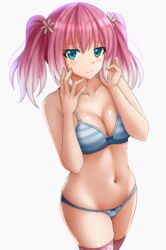  aqua_eyes bare_arms bare_shoulders blue_bow blue_bra blue_panties blush bow bow_bra bow_panties bra breasts cleavage closed_mouth collarbone commentary cowboy_shot english_commentary female gradient_hair hands_up highres hiiragi_nana kazenokaze looking_at_viewer medium_breasts multicolored_hair munou_na_nana navel panties pink_hair pink_thighhighs short_hair short_twintails solo stomach striped_bra striped_clothes striped_panties thighhighs twintails underwear underwear_only white_hair 