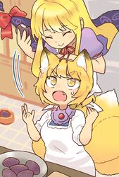  2girls ^_^ adapted_costume aged_down animal_ear_fluff animal_ears arm_on_another&#039;s_head arm_rest arm_support bands blonde_hair bow cabinet closed_eyes closed_mouth commentary_request cupboard cutting_board dress eating facing_down food food_theft fox_ears fox_tail gap_(touhou) hands_up head_scarf highres holding holding_food indoors kitchen kitsune long_hair looking_at_another looking_up motion_lines multiple_girls multiple_tails neck_ribbon no_headwear oerba_yun_fang ohagi_(food) open_mouth pastry plate pmx puffy_short_sleeves puffy_sleeves purple_dress red_bow red_ribbon ribbon short_hair short_sleeves sidelocks smile surprised sweatdrop tail theft tile_floor tiles touhou upper_body v-shaped_eyebrows white_dress white_headwear yakumo_ran yakumo_yukari yellow_eyes 