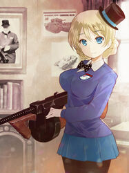  alternate_neckwear black_bow black_bowtie black_hat black_pantyhose blonde_hair blue_eyes blue_skirt blue_sweater blurry blurry_background bow bowtie braid braided_bun churchill_(tank) closed_mouth commentary cowboy_shot darjeeling_(girls_und_panzer) day drawing_(object) dress_shirt emblem english_commentary female girls_und_panzer gun hair_bun hat holding holding_gun holding_weapon indoors long_sleeves looking_at_viewer military military_vehicle mini_hat mini_top_hat miniskirt mixed-language_commentary motor_vehicle pantyhose pleated_skirt school_uniform shirt short_hair skirt smile solo st._gloriana&#039;s_(emblem) st._gloriana&#039;s_school_uniform standing submachine_gun sweater tank thompson_submachine_gun tilted_headwear top_hat twin_braids v-neck weapon white_shirt window wing_collar winston_churchill yurikuta_tsukumi 