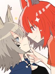  2girls animal_ears arknights ashlock_(arknights) ashlock_(elite_ii)_(arknights) black_shirt blue_eyes blush breasts cleavage eye_contact face-to-face flametail_(arknights) grey_hair hand_on_another&#039;s_chin hand_up looking_at_another material_growth multiple_girls oripathy_lesion_(arknights) portrait red_eyes red_hair red_shirt shirt simple_background small_breasts smile sparkle squirrel_ears squirrel_girl toto_(t0t00629) wavy_mouth white_background yuri 