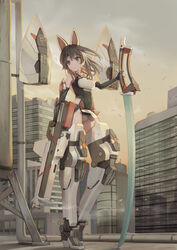  absurdres agatsuma_kaede alice_gear_aegis bare_shoulders black_eyes black_hair building closed_mouth commentary_request dual_wielding elbow_gloves female full_body gloves gun highres holding holding_gun holding_sword holding_weapon leotard mecha_musume pelvic_curtain solo sunga2usagi sword weapon 