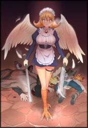  1other 3boys angel angel_wings apron bird_legs black_border black_hair blonde_hair blood blood_on_weapon blue_pants blush border breasts broken_halo brown_footwear cape commentary_request crazy_eyes crimvael digitigrade dress elf face_down feathered_wings feathers female flipped_hair frilled_apron frills full_body gem glowing glowing_eyes hair_between_eyes half-harpy halfling halo heavy_breathing highres holding holding_sword holding_weapon ishuzoku_reviewers juliet_sleeves kanchal large_breasts long_sleeves looking_at_viewer lying maid_headdress meidri metal_baseball_bat monster_girl multiple_boys on_back open_mouth orange_hair pants pointy_ears pool_of_blood puffy_sleeves shoes short_hair sonota_taisei standing stone_floor stunk sword thigh_strap thighs weapon white_apron wings zel_(ishuzoku_reviewers) 