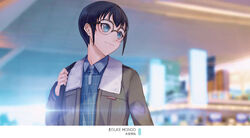  1boy androgynous black_hair blue_eyes blue_shirt blurry blurry_background brown_coat character_name coat collared_shirt commentary_request glasses hondou_eisuke long_sleeves male_focus md5_mismatch meitantei_conan monicanc open_clothes open_coat photoshop_(medium) round_eyewear shirt solo wing_collar 