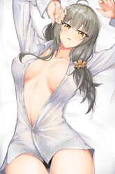  absurdres bad_id bad_pixiv_id bed black_panties blush breasts collarbone female girls&#039;_frontline grey_hair hands_up helianthus_(girls&#039;_frontline) highres large_breasts long_hair looking_at_viewer lying nail_polish no_bra on_back open_clothes open_mouth open_shirt panties saett shirt simple_background solo underwear white_shirt yellow_eyes 