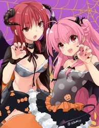  2girls :d ahoge alternate_costume angel_beats! animal_ears asami_yuriko asymmetrical_legwear bare_shoulders bat_hair_ornament black_choker black_cloak black_hairband black_nails black_shirt black_skirt black_thighhighs blush bra breasts candy_print choker claw_pose cloak commentary_request curled_horns demon_horns demon_tail demon_wings eyes_visible_through_hair fake_animal_ears fake_tail fake_wings fangs fingernails fur-trimmed_bra fur_trim grey_bra grey_shirt hair_between_eyes hair_ornament hairband halloween halloween_costume hand_up horns iwasawa_masami large_breasts long_fingernails long_hair looking_at_viewer medium_hair miniskirt mismatched_legwear multiple_girls nail_polish navel oerba_yun_fang open_mouth orange_thighhighs petticoat pink_eyes pink_hair purple_background red_eyes red_hair red_nails shirt sidelocks simple_background skirt small_breasts smile spider_web_print stomach tail teeth thighhighs two_side_up underwear upper_teeth_only upturned_eyes very_long_hair white_fur wings yui_(angel_beats!) 