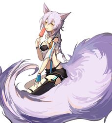  absurdres animal_ears arknights bikini black_bikini black_shorts blue_gloves braid braided_ponytail breasts chinese_commentary cleavage commentary_request female fingerless_gloves fluffy food gloves guairenwu_a hand_up highres holding holding_food holding_ice_cream ice_cream large_tail long_hair looking_at_viewer medium_breasts official_alternate_costume provence_(arknights) provence_(casual_vacation)_(arknights) purple_hair shorts simple_background single_glove solo swimsuit tail white_background wolf_ears wolf_girl wolf_tail yellow_eyes 