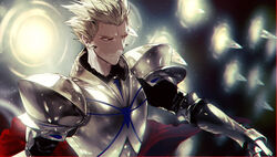  1boy armor bad_id bad_twitter_id blonde_hair closed_mouth commentary_request earrings fate/grand_order fate/prototype fate/stay_night fate/zero fate_(series) gate_of_babylon_(fate) gilgamesh_(fate) highres jewelry male_focus red_eyes semi_(p-poco) short_hair solo spiked_hair weapon 