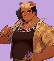  1boy animal_ears arm_hair axe bara bear_ears belly body_hair chain_necklace chains commentary commission dark-skinned_male dark_skin earrings english_commentary facial_hair goatee heterochromia highres indie_virtual_youtuber jewelry large_pectorals male_focus mature_male midriff_peek muscular muscular_male navel_hair necklace pectorals plump purple_eyes rico_osopina ring scar scar_across_eye scar_on_face scar_on_nose solo stubble thick_eyebrows tight_clothes upper_body virtual_youtuber yogireji 