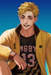  1boy arm_on_knee blonde_hair brown_eyes eyebrows grin haikyuu!! highres jacket litamo0413 long_sleeves looking_at_viewer male_focus miya_atsumu multicolored_hair open_clothes open_jacket short_hair smile solo sportswear teeth track_jacket two-tone_hair volleyball_uniform 