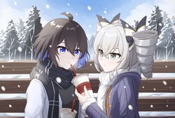  2girls absurdres bench black_scarf black_shirt blue_eyes blue_hair blue_jacket blue_sky bob_cut bronya_zaychik bronya_zaychik_(snowy_sniper) broseele closed_mouth cloud cloudy_sky cup disposable_cup drill_hair drinking_straw fur-trimmed_jacket fur_trim grey_eyes grey_hair highres holding holding_cup honkai_(series) honkai_impact_3rd jacket long_sleeves medium_hair multiple_girls open_clothes open_jacket open_mouth outdoors scarf seele_vollerei shirt sitting sky smile snowing tree twin_drills white_jacket white_scarf yellow_shirt yuri 