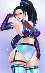  badcompzero bare_shoulders black_hair breasts commentary earrings elbow_gloves female gloves high_ponytail highres jewelry k/da_(league_of_legends) k/da_all_out_kai&#039;sa kai&#039;sa large_breasts league_of_legends lips lipstick long_hair makeup purple_eyes sideboob skindentation solo thighs 