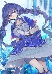  absurdres blue_bow blue_choker blue_dress blue_eyes blue_hair blurry blurry_foreground bow braid breasts choker collarbone dress expressionless female floating_hair hairbow highres ice looking_at_viewer medium_breasts mugi_(pixiv_29056225) nijisanji official_alternate_costume solo twin_braids virtual_youtuber walking yuuki_chihiro yuuki_chihiro_(8th_costume) 