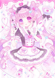  +_+ :p apron armband bandaged_arm bandaged_leg bandages bandaid bandaid_on_arm black_bow black_dress blush bottle bow commentary_request dress female frilled_apron frilled_dress frilled_legwear frilled_sailor_collar frills hair_ornament hairbow hands_up hat heart heart-shaped_pupils heart_hair_ornament heterochromia highres himetsuki_luna holding holding_syringe kneehighs long_hair looking_at_viewer nurse nurse_cap original pillow pink_hair pink_lips puffy_short_sleeves puffy_sleeves purple_bow purple_eyes ringlets sailor_collar sailor_dress short_sleeves signature single_kneehigh single_sock single_thighhigh single_wrist_cuff socks solo striped striped_background symbol-shaped_pupils syringe thighhighs tongue tongue_out twintails vertical_stripes very_long_hair waist_apron white_apron white_hat white_legwear white_sailor_collar wrist_cuffs 