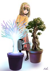  bad_id bad_pixiv_id black_footwear blonde_hair blue_eyes blunt_bangs closed_mouth female full_body hairband highres holding holding_watering_can koki_ant medium_hair orange_shirt paths_(shingeki_no_kyojin) plant potted_plant red_skirt shingeki_no_kyojin shirt shoes short_sleeves simple_background skirt smile solo standing watering watering_can white_background ymir_fritz 